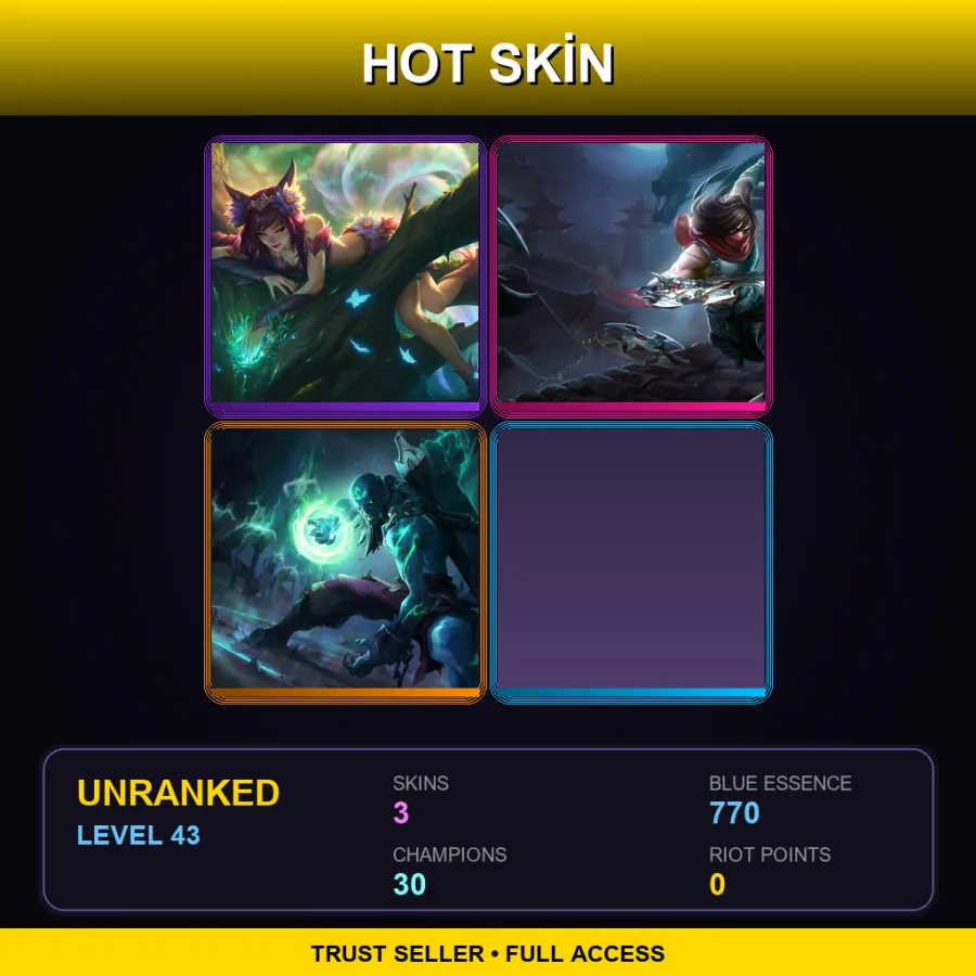EUW | Lv43 | Unranked | 3 Skin | 30 Champ — LoL account