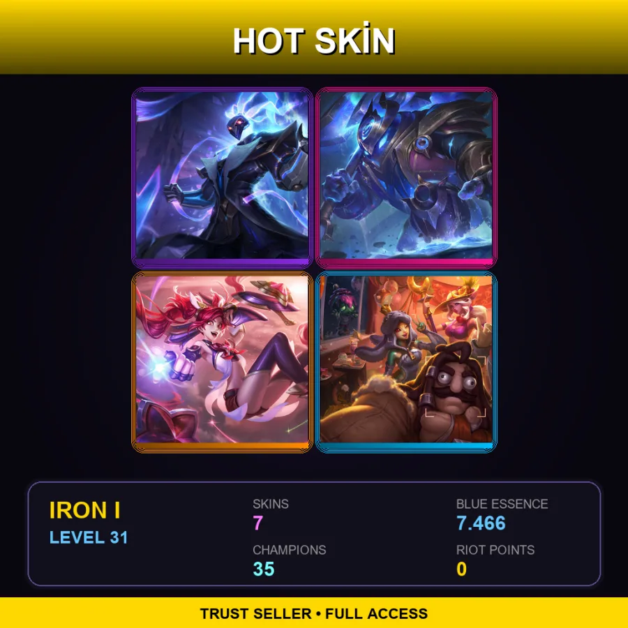 LAS | Pulsefire Thresh | Cosmic Paladin Nautilus | Star Guardian Jinx | Order of the Banana Soraka | 7 Skin | 35 Champ | Iron I | Lv31