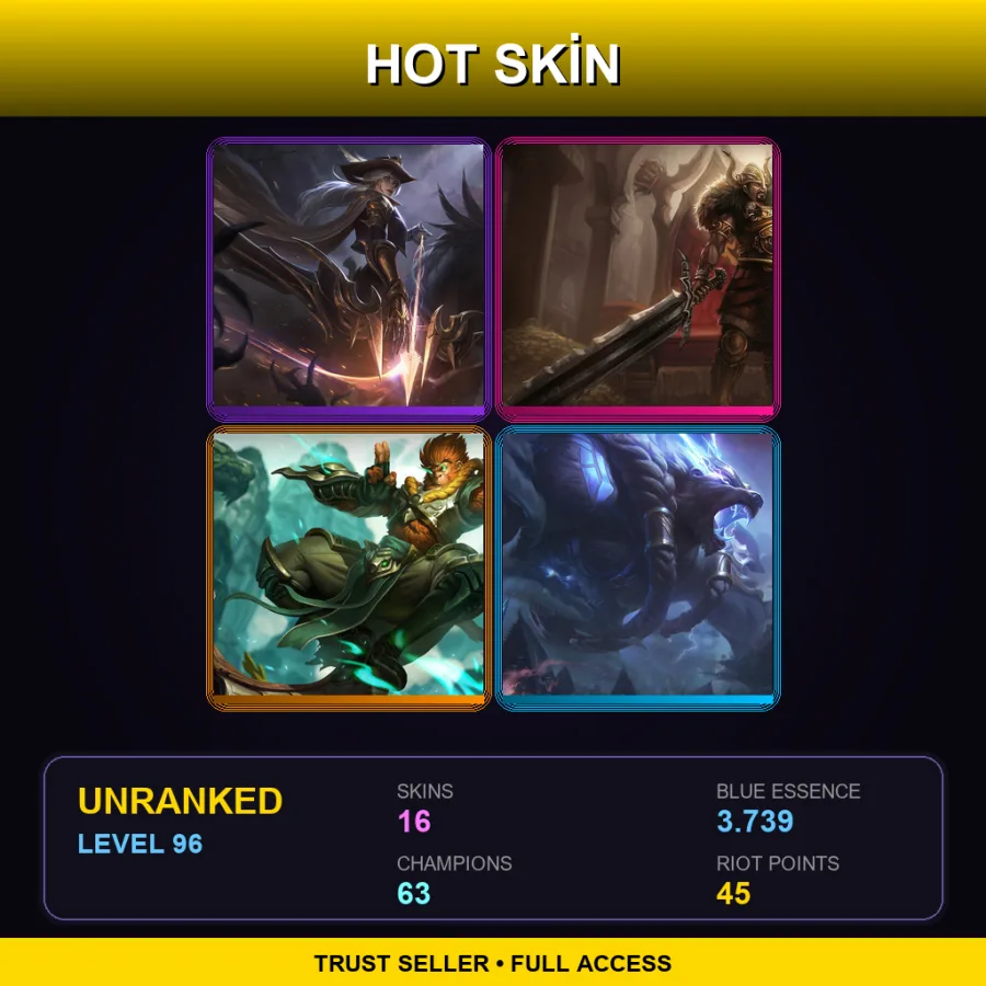 BR | High Noon Ashe | Viking Tryndamere | Jade Dragon Wukong | Thunder Lord Volibear | 16 Skin | 63 Champ | Lv96