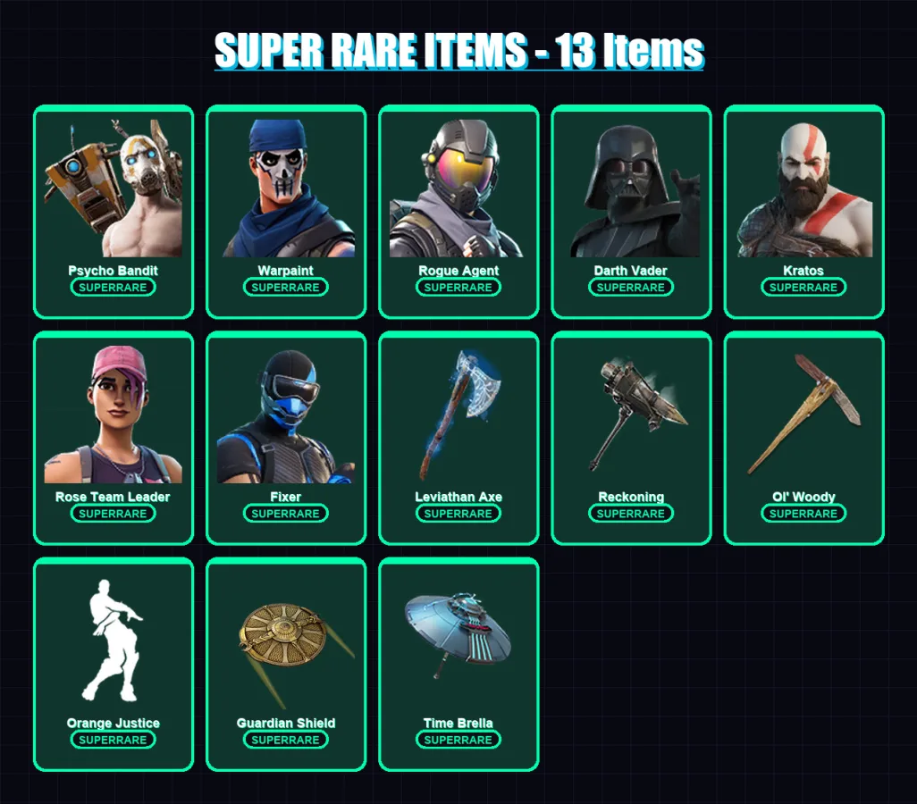 [PS4/PS5/XBOX/PC] | Psycho Bandit | Warpaint | Rogue Agent | Darth Vader | Kratos | 263 skin | 295 pickaxe | 238 emote | 259 glider | Lv4170