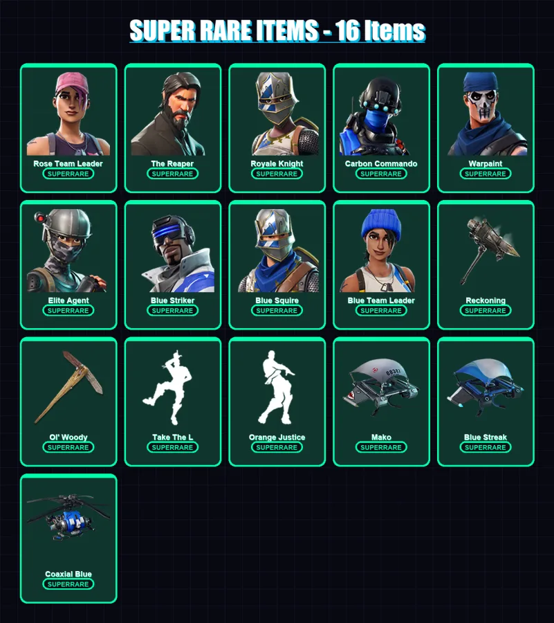 [PS4/PS5/XBOX/PC] | Rose Team Leader | The Reaper | Royale Knight | Carbon Commando | Warpaint | 59 skin | 51 pickaxe | 67 emote | 60 glider | Lv748
