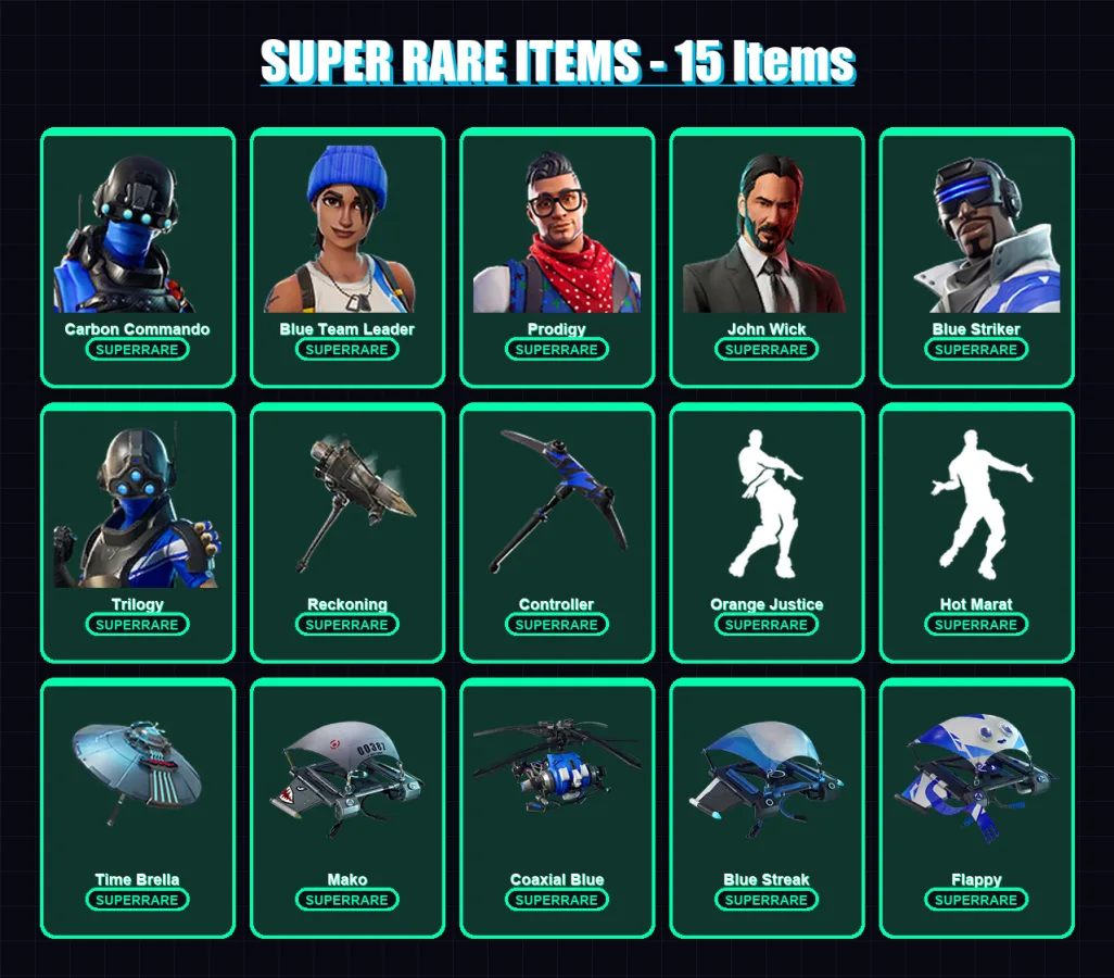 [PS4/PS5/XBOX/PC] | Carbon Commando | Blue Team Leader | Prodigy | John Wick | Blue Striker | 74 skin | 61 pickaxe | 70 emote | 71 glider | Lv1119