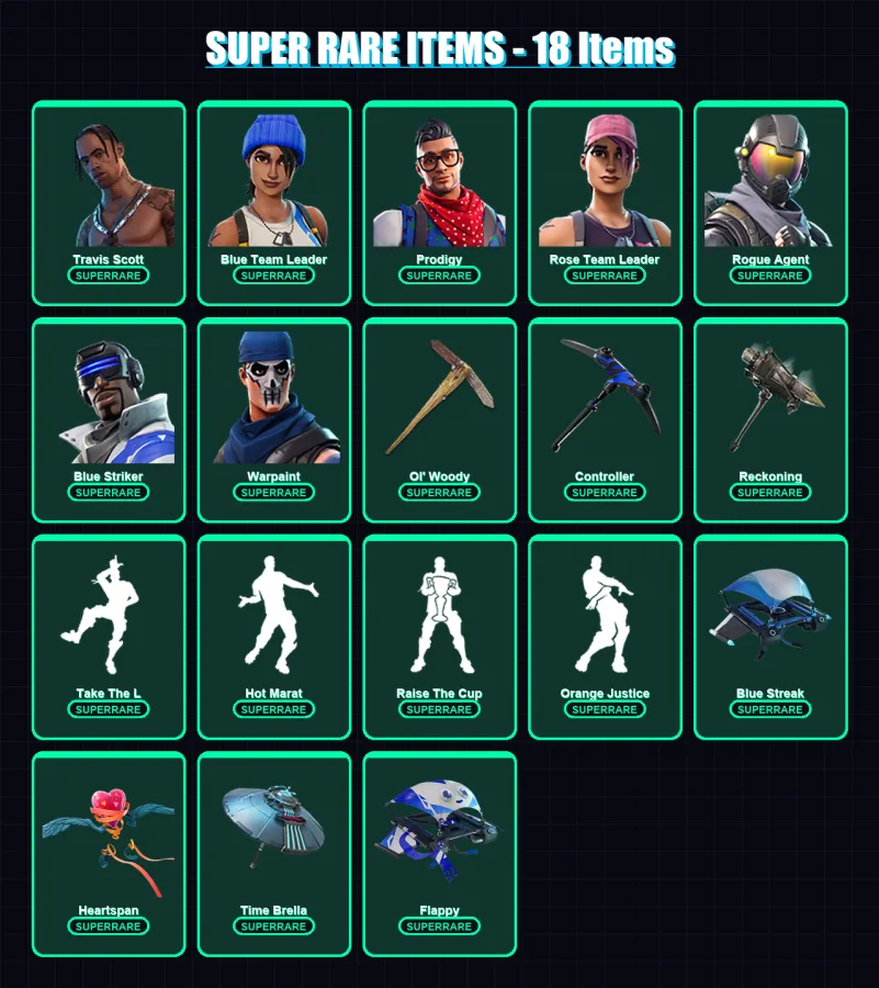 [PC/XBOX] | Travis Scott | Blue Team Leader | Prodigy | Rose Team Leader | Rogue Agent | 169 skin | 163 pickaxe | 153 emote | 165 glider | Lv2619