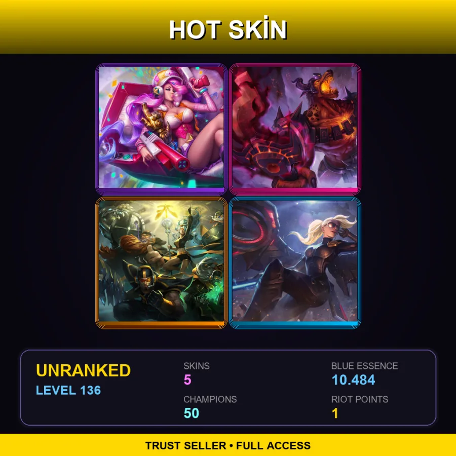 EUW | Lv136 | Unranked | 5 Skin | 50 Champ
