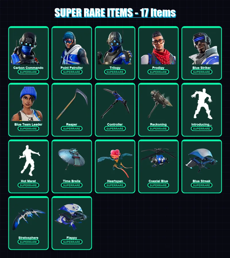 [PS4/PS5/XBOX/PC] | Carbon Commando | Point Patroller | Trilogy | Prodigy | Blue Striker | 89 skin | 85 pickaxe | 119 emote | 100 glider | Lv1406