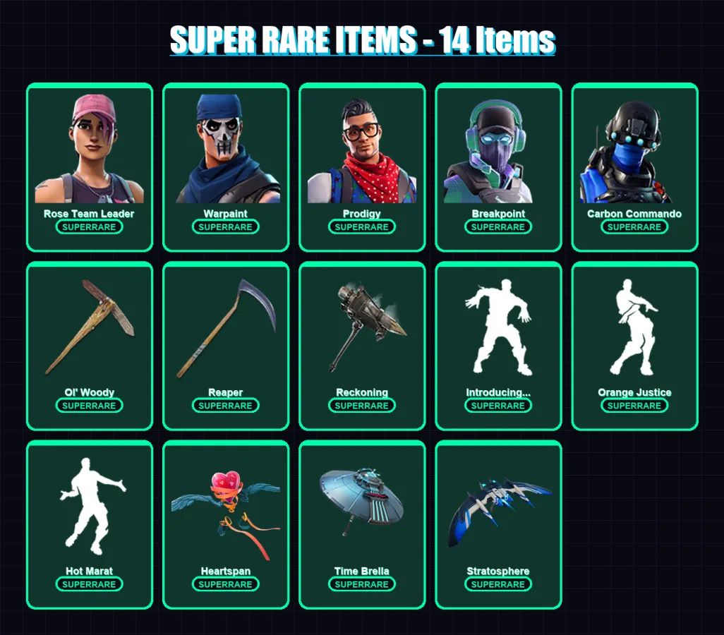 [PC/XBOX/PSN] | Rose Team Leader | Warpaint | Prodigy | Breakpoint | Carbon Commando | 189 skin | 202 pickaxe | 181 emote | 157 glider | Lv2925
