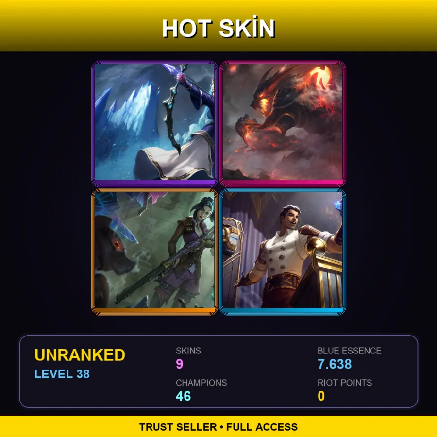 SG | Queen Ashe | Firefang Warwick | Arcane Enforcer Caitlyn | Arcane Inventor Jayce | 9 Skin | 46 Champ | Lv38