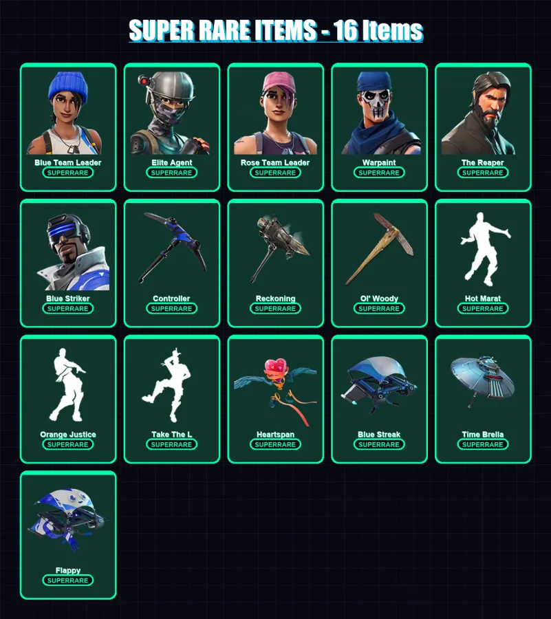 [PS4/PS5/XBOX/PC] | Blue Team Leader | Elite Agent | Rose Team Leader | Warpaint | The Reaper | 64 skin | 62 pickaxe | 79 emote | 73 glider | Lv1160