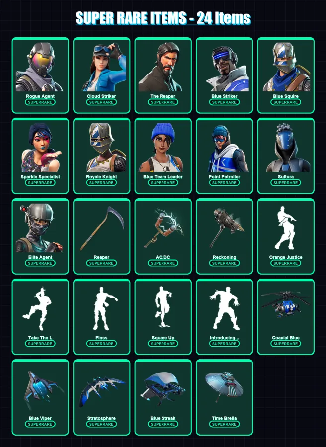 [PS4/PS5/XBOX/PC] | Rogue Agent | Cloud Striker | The Reaper | Blue Striker | Blue Squire | 93 skin | 102 pickaxe | 96 emote | 92 glider | Lv1374