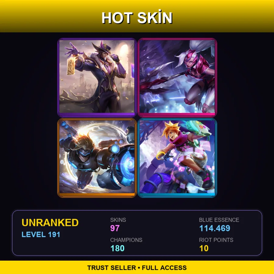 TW | Victorious Twisted Fate | Challenger Nidalee | Pulsefire Ezreal | Arcade Ezreal | 97 Skin | 180 Champ | Lv191