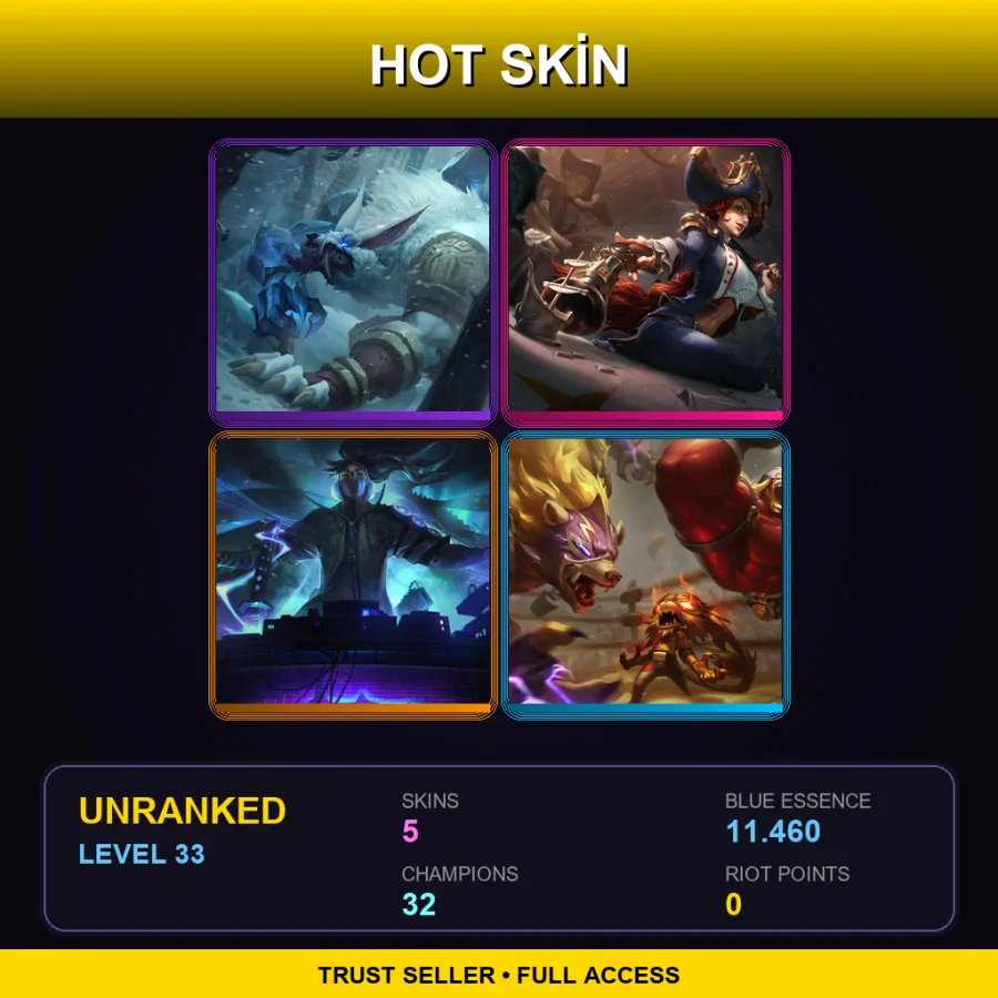 EUW | Lv33 | Unranked | 5 Skin | 32 Champ — LoL account