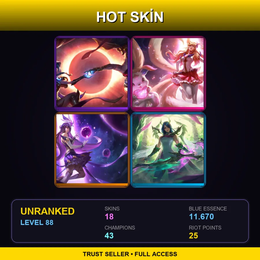 NA | Cosmic Dusk Xayah | Star Guardian Ahri | Star Guardian Syndra | Fae Dragon Ashe | 18 Skin | 43 Champ | Lv88