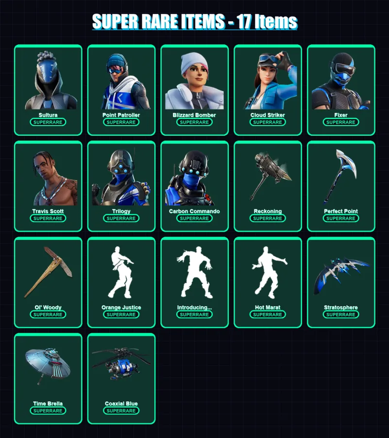 [PS4/PS5/XBOX/PC] | Sultura | Point Patroller | Blizzard Bomber | Cloud Striker | Fixer | 80 skin | 94 pickaxe | 83 emote | 92 glider | Lv1263