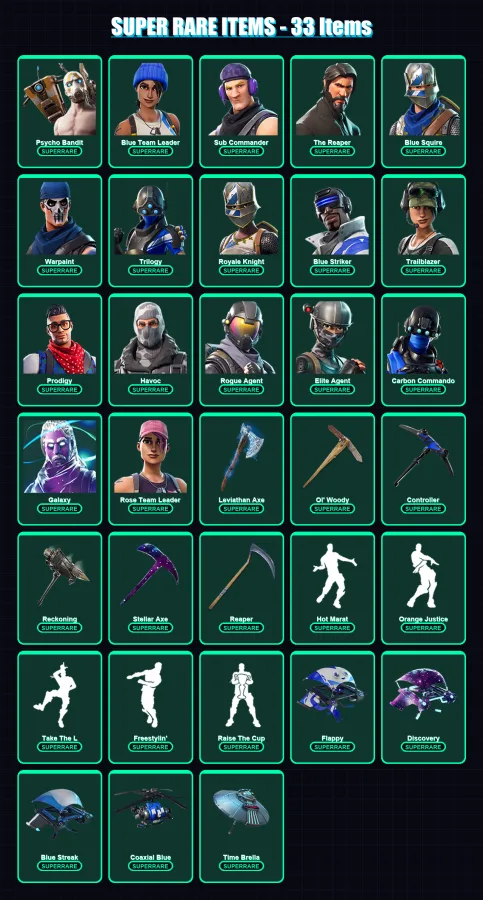 [PC/XBOX] | Psycho Bandit | Blue Team Leader | Sub Commander | The Reaper | Blue Squire | 173 skin | 122 pickaxe | 112 emote | 107 glider | Lv1398