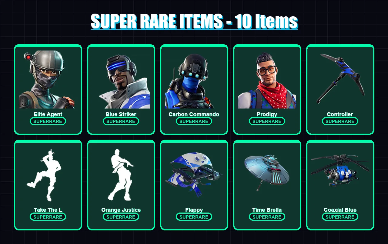 [PS4/PS5/XBOX/PC] | Elite Agent | Blue Striker | Carbon Commando | Prodigy | Carbide | 50 skin | 41 pickaxe | 43 emote | 48 glider | Lv570