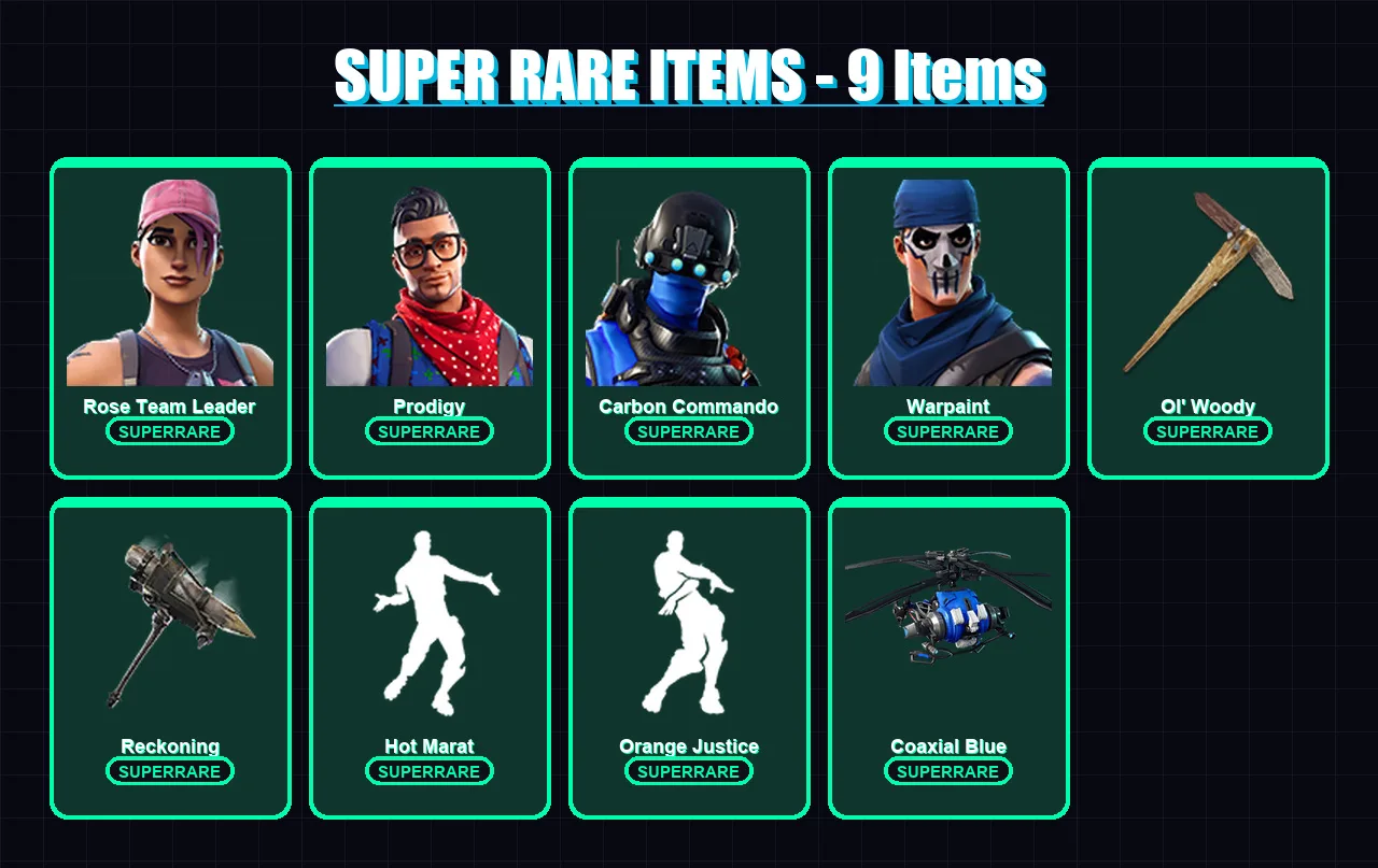 [PS4/PS5/XBOX/PC] | Rose Team Leader | Prodigy | Carbon Commando | Warpaint | Dire | 34 skin | 20 pickaxe | 28 emote | 31 glider | Lv446