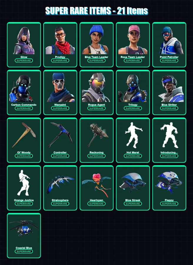 [PS4/PS5/XBOX/PC] | Glow | Prodigy | Blue Team Leader | Rose Team Leader | Point Patroller | 107 skin | 71 pickaxe | 85 emote | 91 glider | Lv947