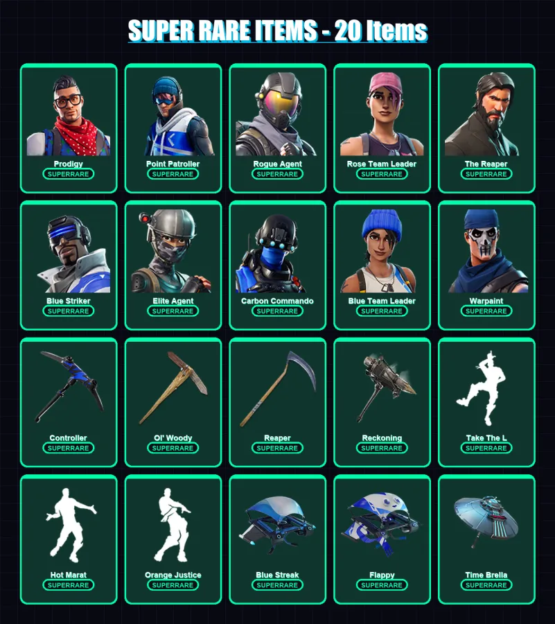 [PC/XBOX] | Prodigy | Point Patroller | Rogue Agent | Rose Team Leader | The Reaper | 98 skin | 86 pickaxe | 89 emote | 79 glider | Lv1141
