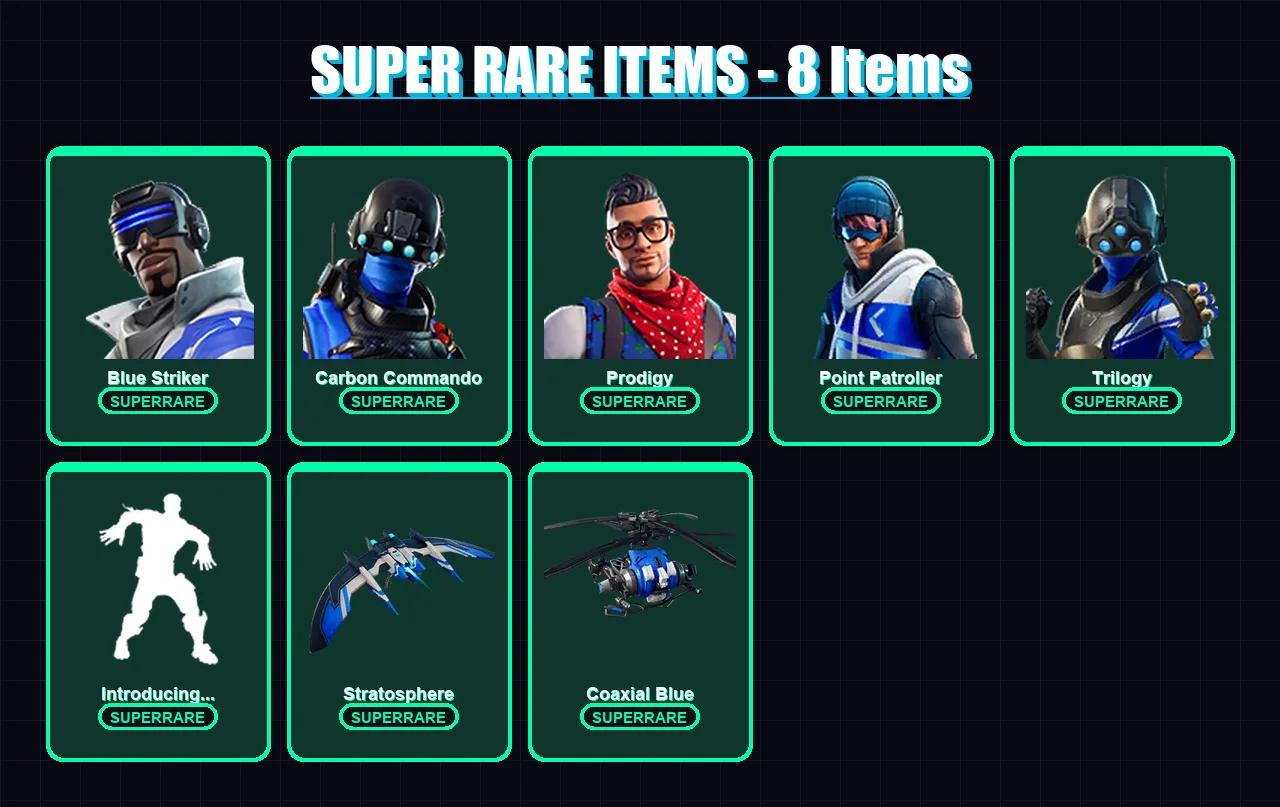 [SWITCH/XBOX/PC] | Blue Striker | Carbon Commando | Prodigy | Point Patroller | Trilogy | 6 skin | 5 pickaxe | 13 emote | 9 glider | Lv126