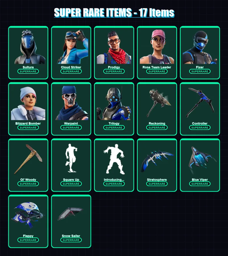 [PS4/PS5/XBOX/PC] | Sultura | Cloud Striker | Prodigy | Rose Team Leader | Fixer | 38 skin | 40 pickaxe | 32 emote | 40 glider | Lv293