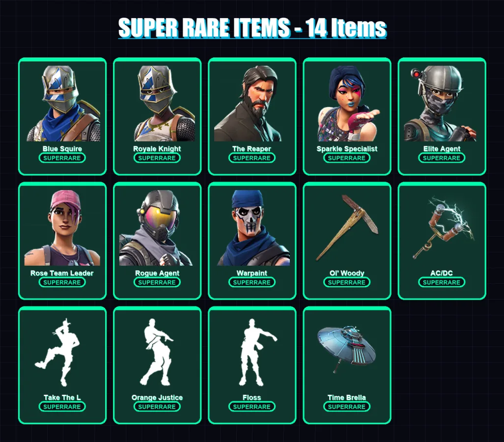 [PC] | Blue Squire | Royale Knight | The Reaper | Sparkle Specialist | Elite Agent | 120 skin | 106 pickaxe | 84 emote | 83 glider | Lv1047 — Fortnite account