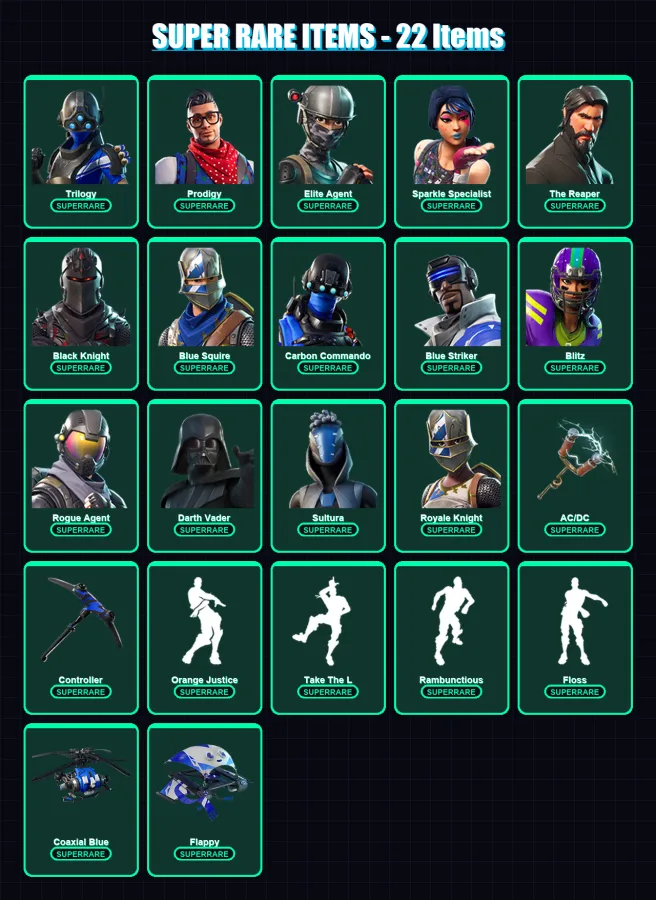 [PS4/PS5/XBOX/PC] | Trilogy | Prodigy | Elite Agent | Sparkle Specialist | The Reaper | 60 skin | 48 pickaxe | 56 emote | 54 glider | Lv738
