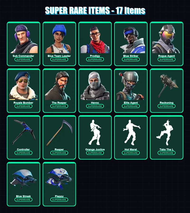 [PS4/PS5/XBOX/PC] | Sub Commander | Blue Team Leader | Prodigy | Blue Striker | Rogue Agent | 65 skin | 79 pickaxe | 61 emote | 72 glider | Lv1265