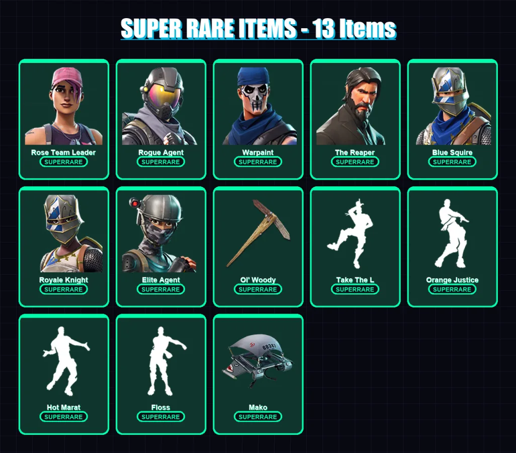 [PC/XBOX/PSN] | Rose Team Leader | Rogue Agent | Warpaint | The Reaper | Blue Squire | 27 skin | 35 pickaxe | 41 emote | 44 glider | Lv554