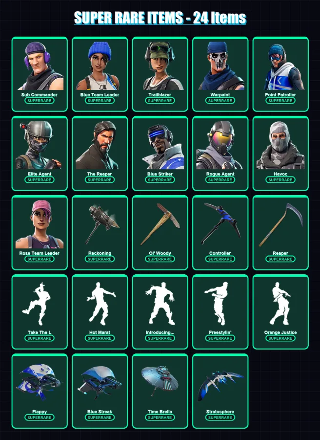 [PC] | Sub Commander | Blue Team Leader | Trailblazer | Warpaint | Point Patroller | 113 skin | 111 pickaxe | 88 emote | 98 glider | Lv1147