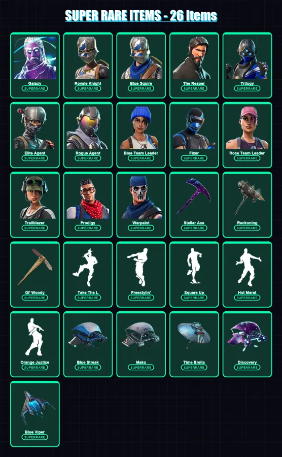 [PS4/PS5/XBOX/PC] | Galaxy | Royale Knight | Blue Squire | The Reaper | Trilogy | 59 skin | 53 pickaxe | 62 emote | 68 glider | Lv798