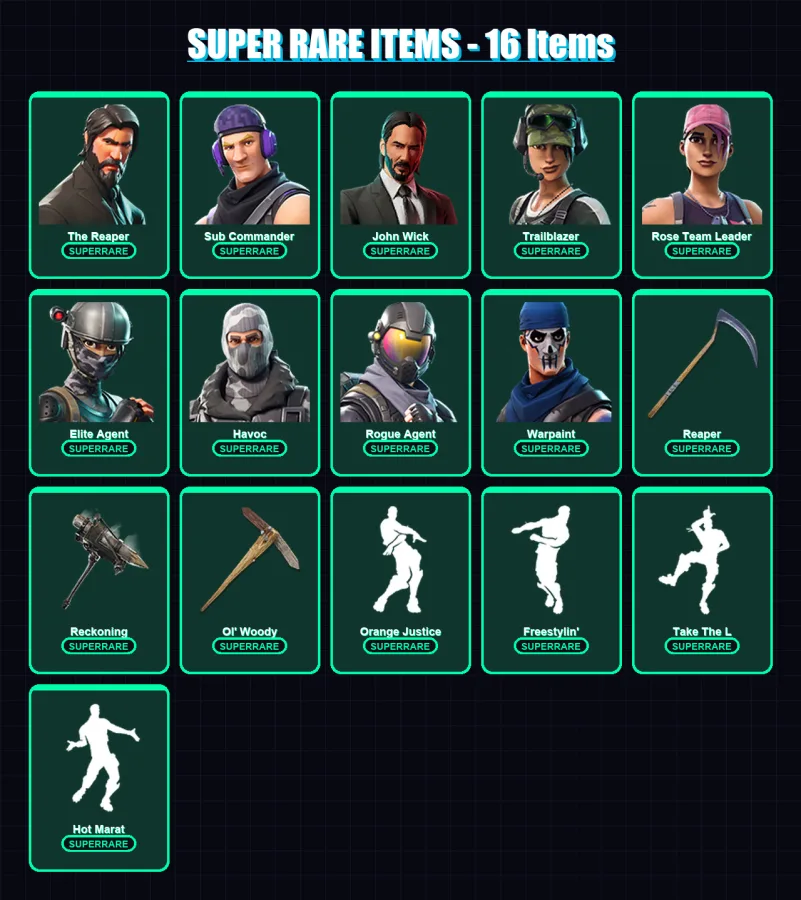 [PC/XBOX/PSN] | The Reaper | Sub Commander | John Wick | Trailblazer | Rose Team Leader | 102 skin | 62 pickaxe | 70 emote | 61 glider | Lv535