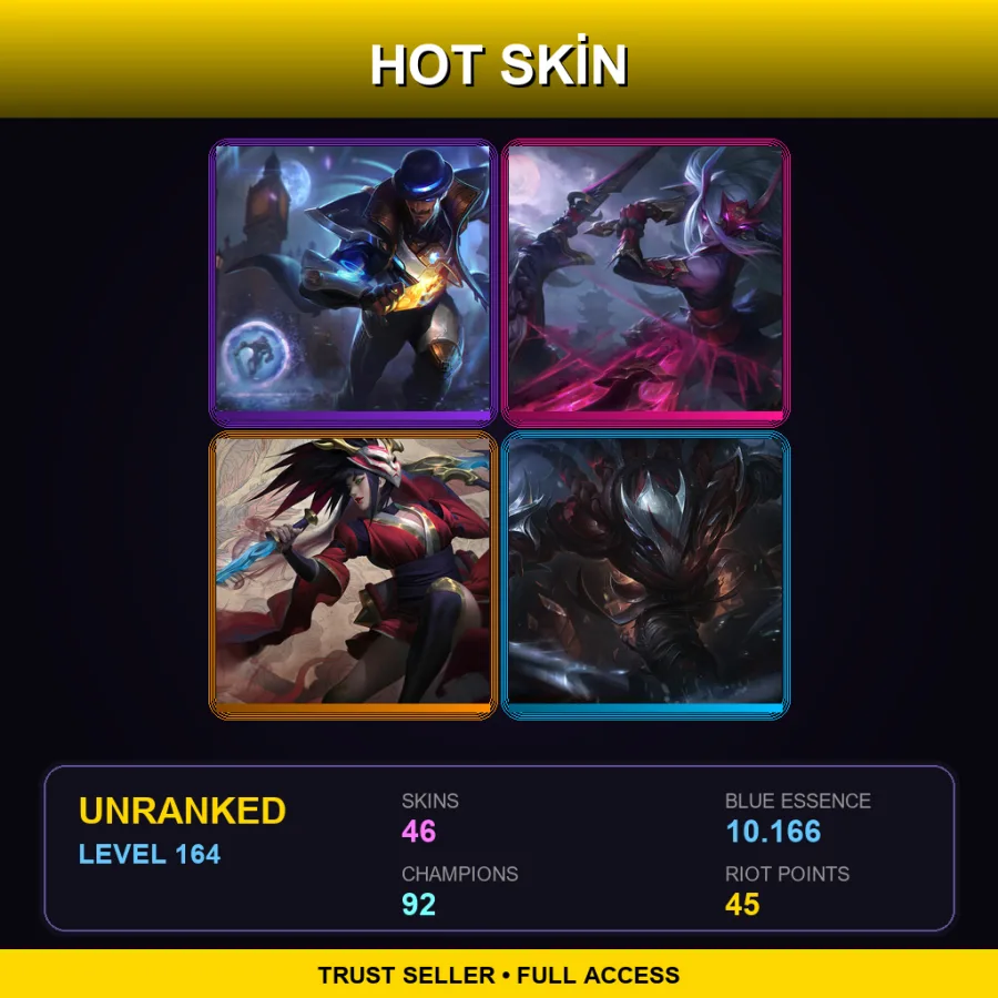 LAS | Lv164 | Unranked | 46 Skin | 92 Champ — LoL account