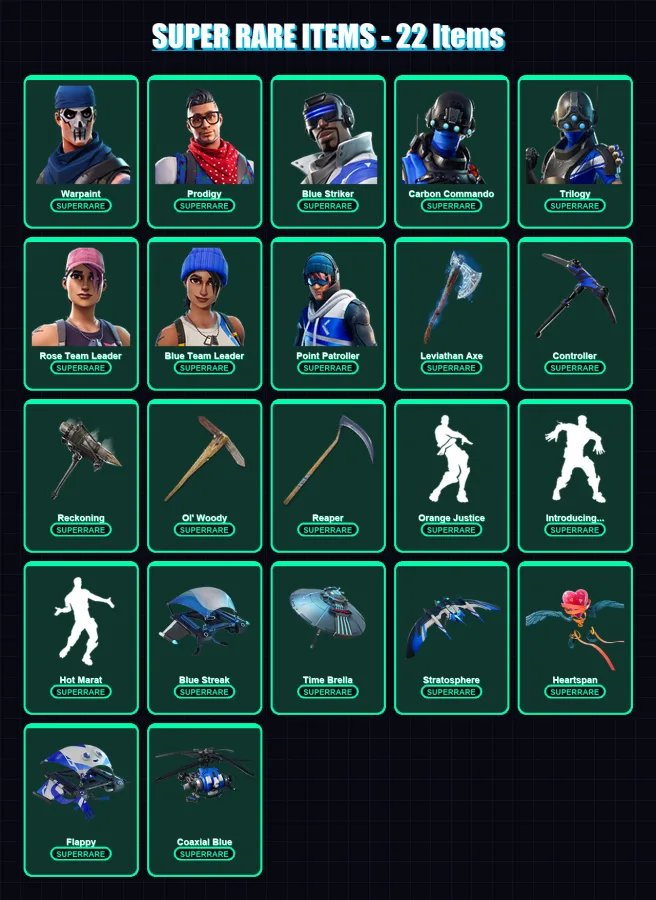 [PC/XBOX] | Warpaint | Prodigy | Blue Striker | Carbon Commando | Trilogy | 196 skin | 189 pickaxe | 183 emote | 191 glider | Lv2574 — Fortnite account