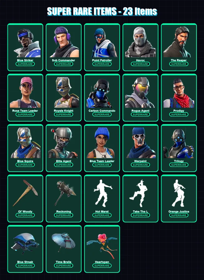 [PS4/PS5/XBOX/PC] | Blue Striker | Sub Commander | Point Patroller | Havoc | The Reaper | 161 skin | 138 pickaxe | 115 emote | 137 glider | Lv1797