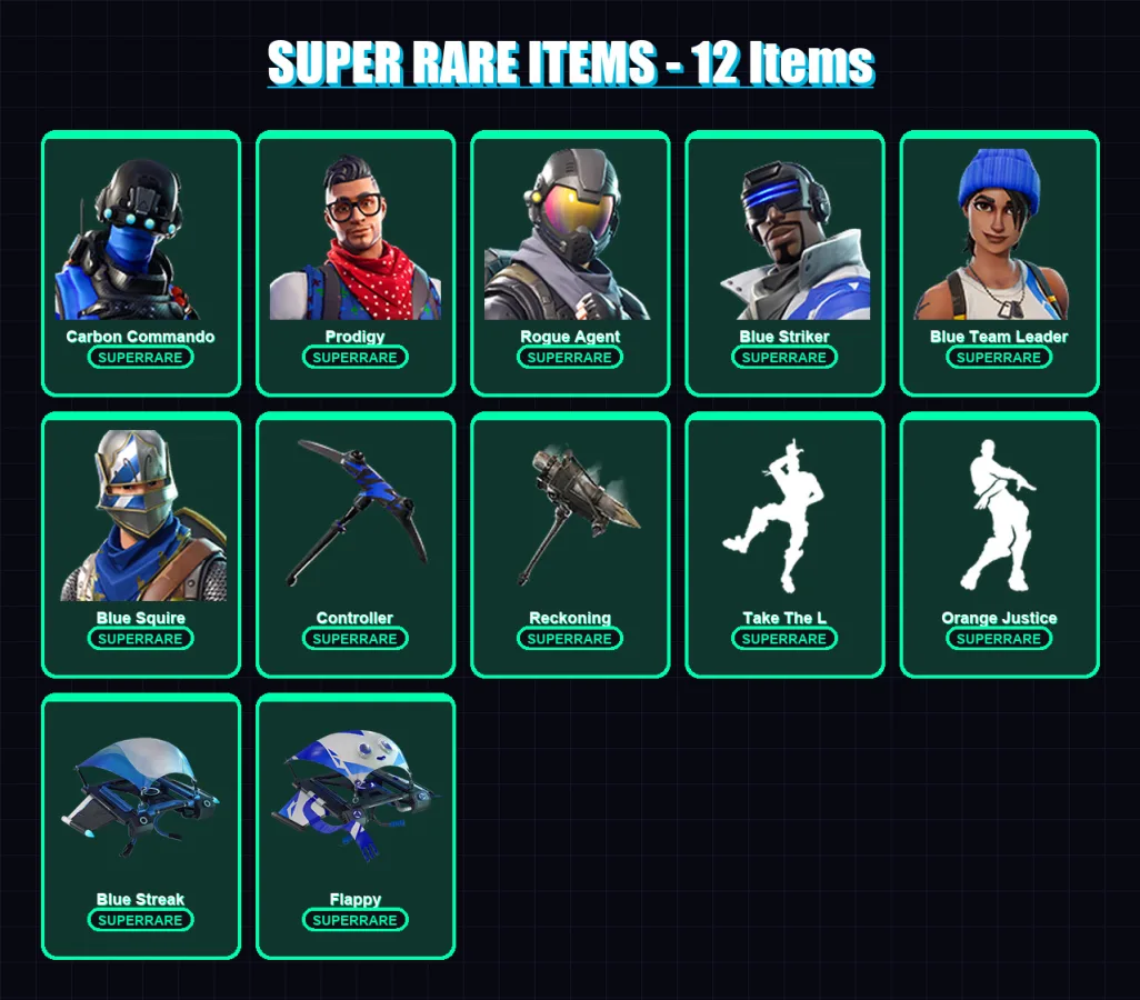 [PS4/PS5/XBOX/PC] | Carbon Commando | Prodigy | Rogue Agent | Blue Striker | Blue Team Leader | 32 skin | 20 pickaxe | 35 emote | 22 glider | Lv209