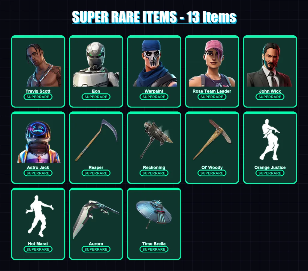 [PC/PSN] | Travis Scott | Eon | Warpaint | Rose Team Leader | John Wick | 148 skin | 165 pickaxe | 139 emote | 148 glider | Lv2304 — Fortnite account
