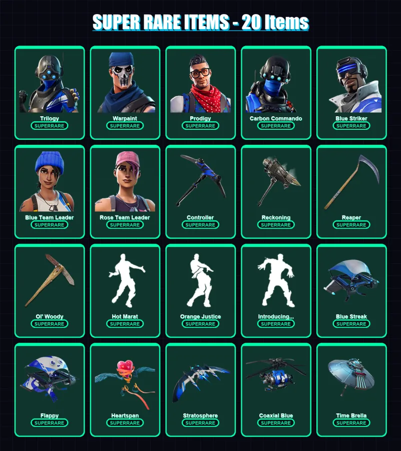 [PS4/PS5/XBOX/PC] | Trilogy | Warpaint | Prodigy | Carbon Commando | Blue Striker | 97 skin | 126 pickaxe | 119 emote | 123 glider | Lv2010