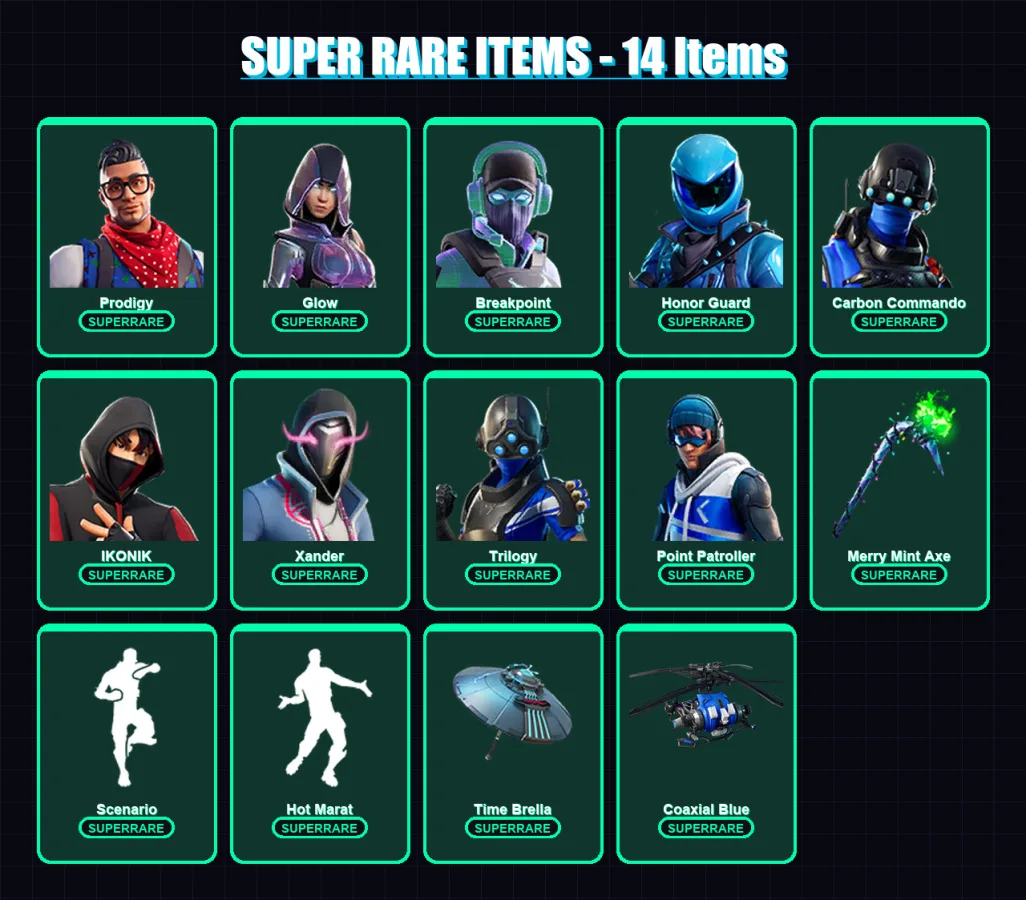 [PC/XBOX] | Prodigy | Glow | Breakpoint | Honor Guard | Carbon Commando | 97 skin | 103 pickaxe | 110 emote | 96 glider | Lv1866