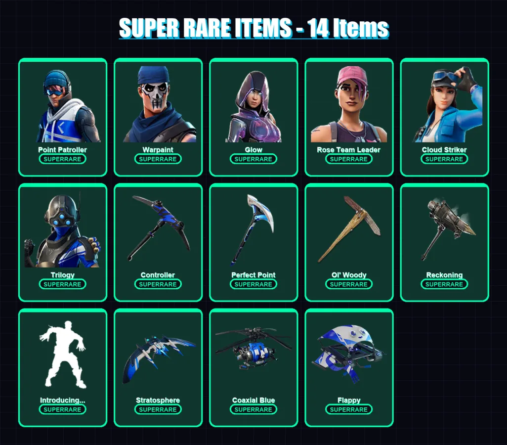[PS4/PS5/XBOX/PC] | Point Patroller | Warpaint | Glow | Rose Team Leader | Cloud Striker | 91 skin | 114 pickaxe | 100 emote | 95 glider | Lv1116