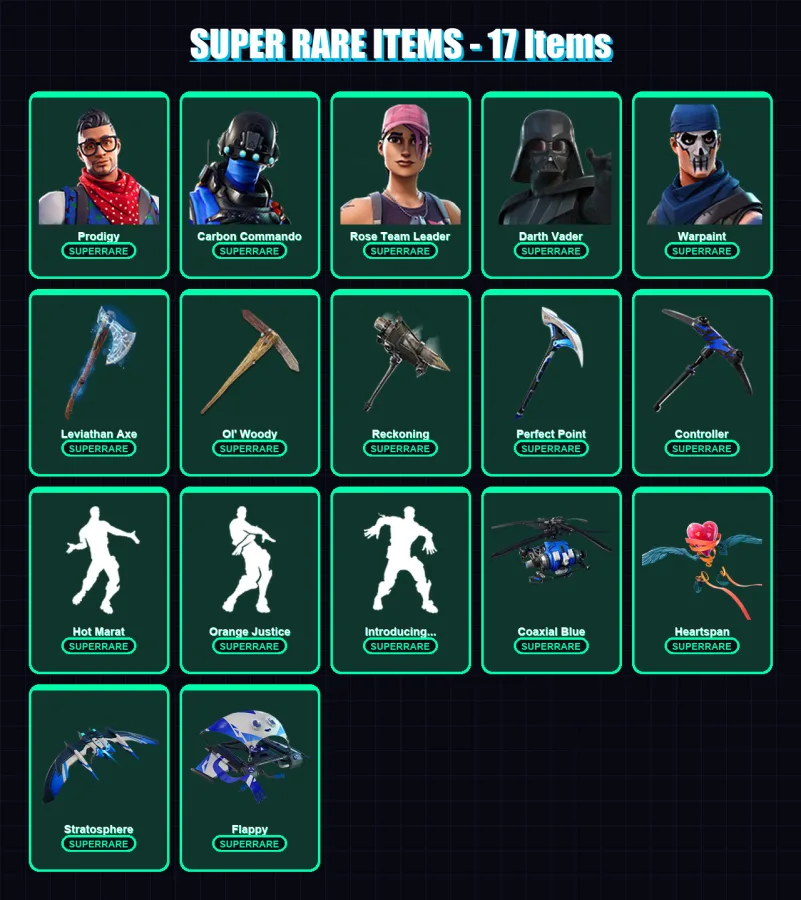 [PC/XBOX/PSN] | Prodigy | Carbon Commando | Rose Team Leader | Darth Vader | Warpaint | 150 skin | 134 pickaxe | 165 emote | 128 glider | Lv1751