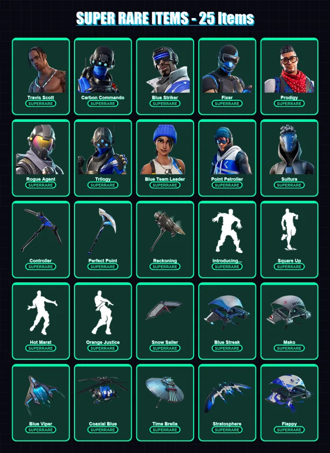 [PS4/PS5/XBOX/PC] | Travis Scott | Carbon Commando | Blue Striker | Fixer | Prodigy | 102 skin | 113 pickaxe | 134 emote | 126 glider | Lv2837
