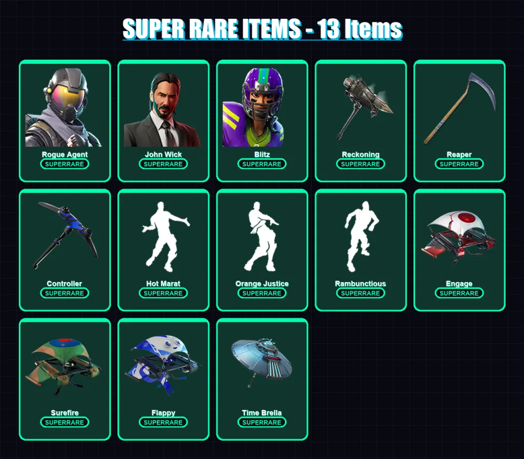 [PC/XBOX] | Rogue Agent | John Wick | Blitz | Oblivion | Molten Valkyrie | 209 skin | 172 pickaxe | 90 emote | 112 glider | Lv634