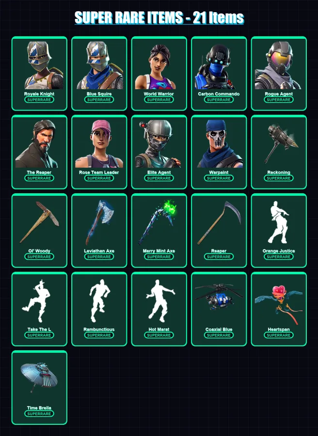 [PC] | Royale Knight | Blue Squire | World Warrior | Carbon Commando | Rogue Agent | 307 skin | 277 pickaxe | 286 emote | 229 glider | Lv2863
