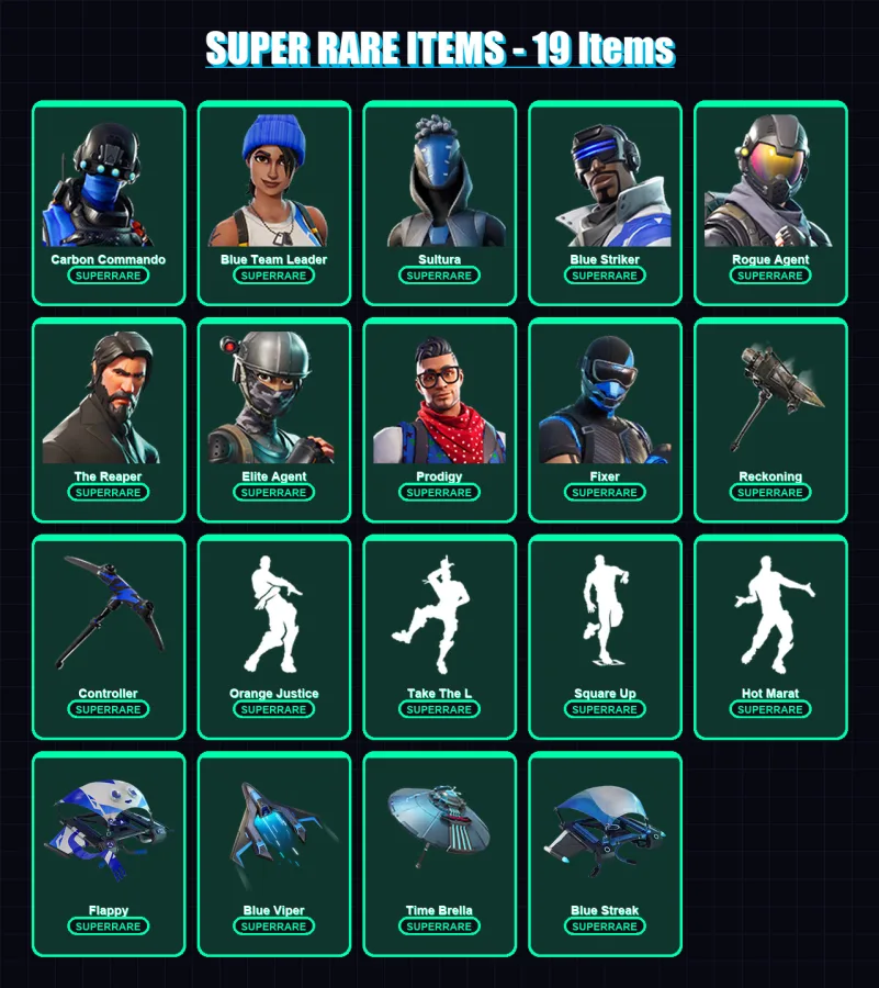 [PC/XBOX] | Carbon Commando | Blue Team Leader | Sultura | Blue Striker | Rogue Agent | 60 skin | 71 pickaxe | 87 emote | 85 glider | Lv1348
