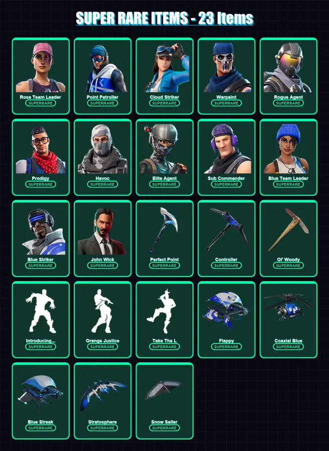 [PC/PSN] | Rose Team Leader | Point Patroller | Cloud Striker | Warpaint | Rogue Agent | 192 skin | 199 pickaxe | 115 emote | 111 glider | Lv1128