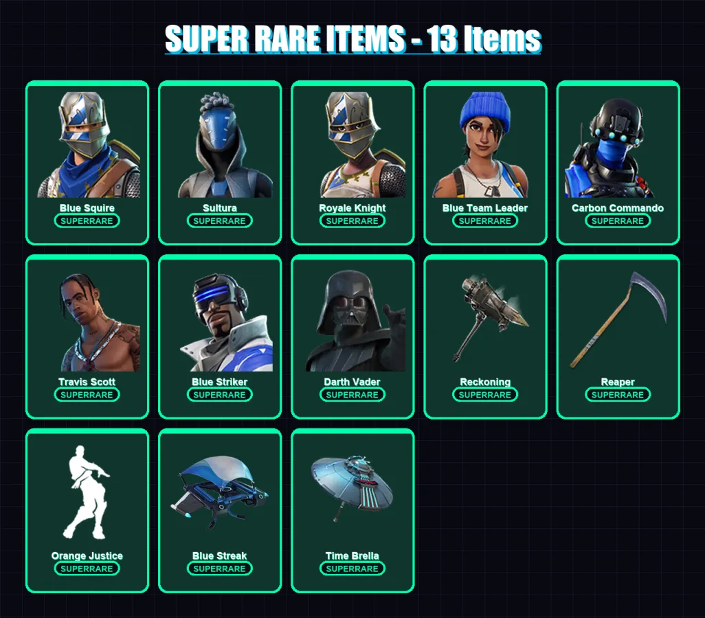 [PS4/PS5/XBOX/PC] | Blue Squire | Sultura | Royale Knight | Blue Team Leader | Carbon Commando | 69 skin | 95 pickaxe | 63 emote | 93 glider | Lv146