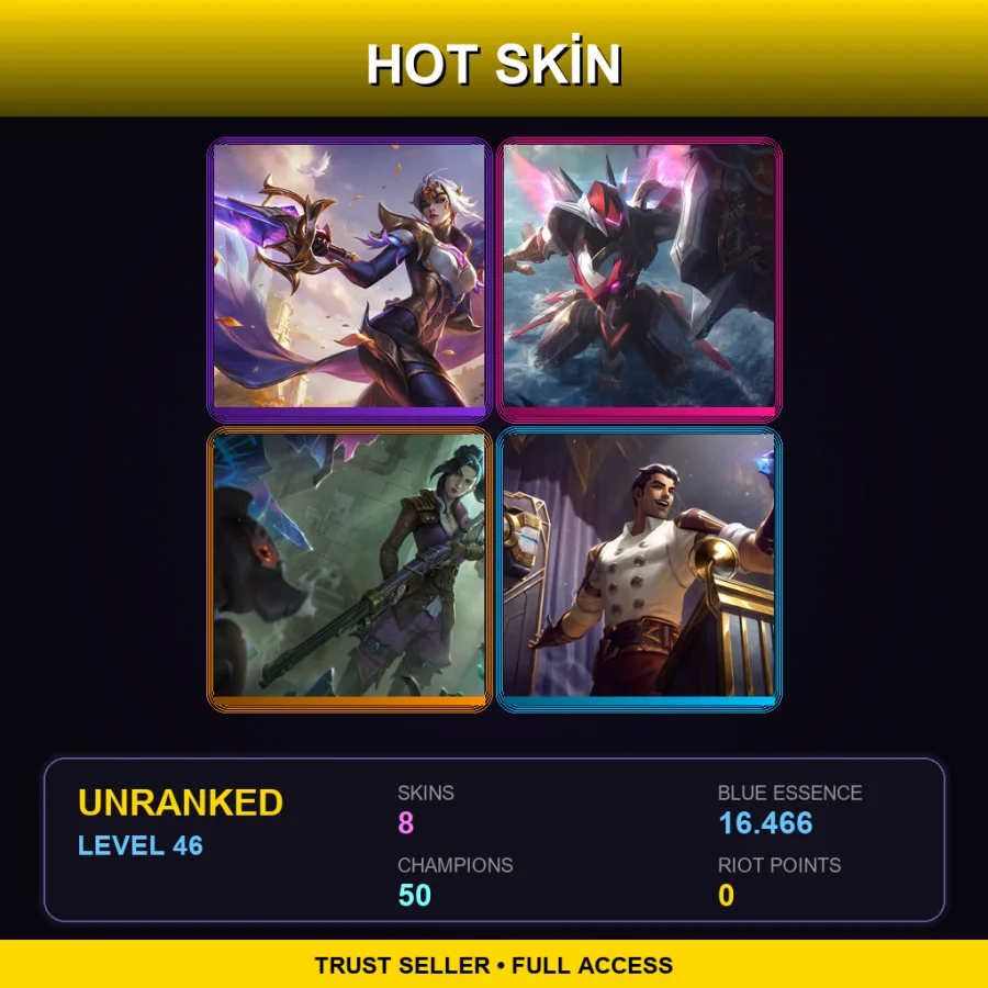 LAS | Lv46 | Unranked | 8 Skin | 50 Champ — LoL account