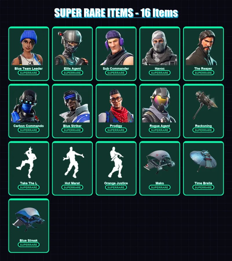 [SWITCH/XBOX/PC] | Blue Team Leader | Elite Agent | Sub Commander | Havoc | The Reaper | 86 skin | 58 pickaxe | 68 emote | 74 glider | Lv952