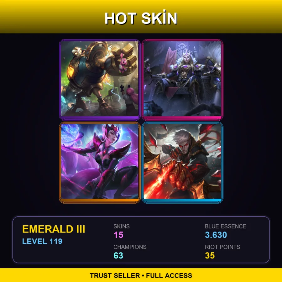 EUW | Lv119 | Emerald III | 15 Skin | 63 Champ — LoL account
