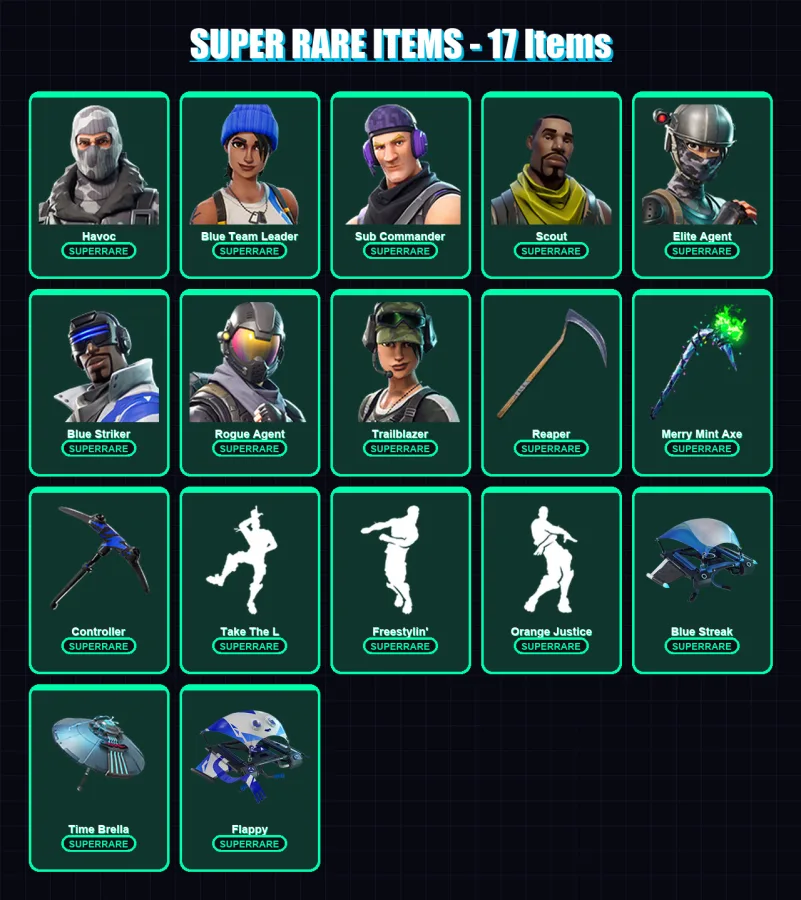 [PC] | Havoc | Blue Team Leader | Sub Commander | Scout | Elite Agent | 100 skin | 65 pickaxe | 71 emote | 53 glider | Lv894